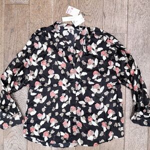 NWT VINCE Watercolor Petal Silk Blouse In Black 100% Silk Women’s Size XS $328